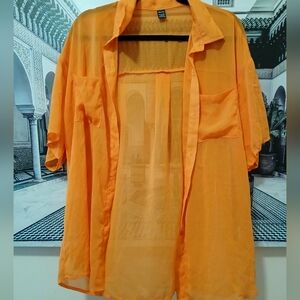 SHEER ORANGE SHORT SLEEVED BUTTON DOWN SHIRT.( COVER-UP) NEW!